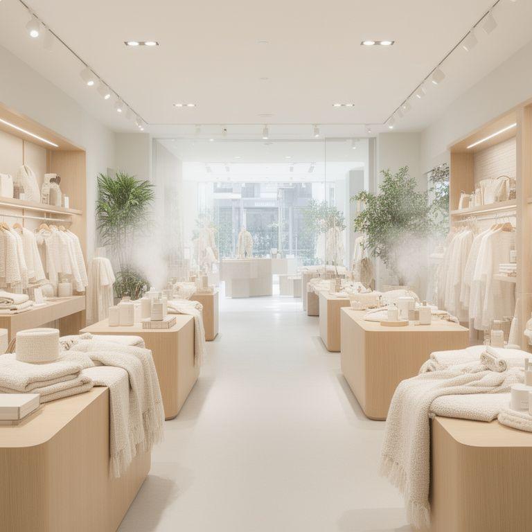 Modernes Concept Store Interieur mit Textilflächen, Produktinseln und feiner Duftatmosphäre