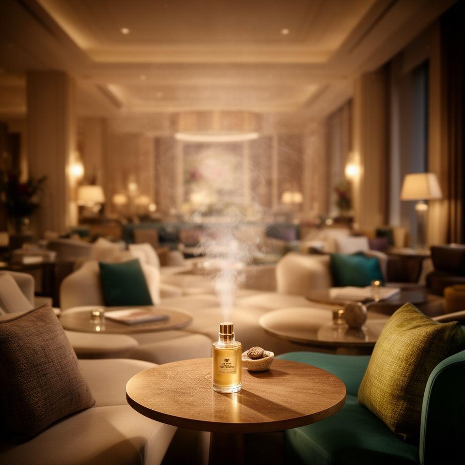 Luxuriöse Hotellounge mit warmer Beleuchtung, Duftzerstäuber und eleganter Markenatmosphäre