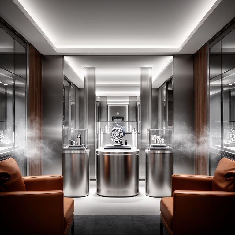 Exklusive Uhrenlounge mit polierten Metallflächen, präziser Beleuchtung und diskreter Duftinszenierung